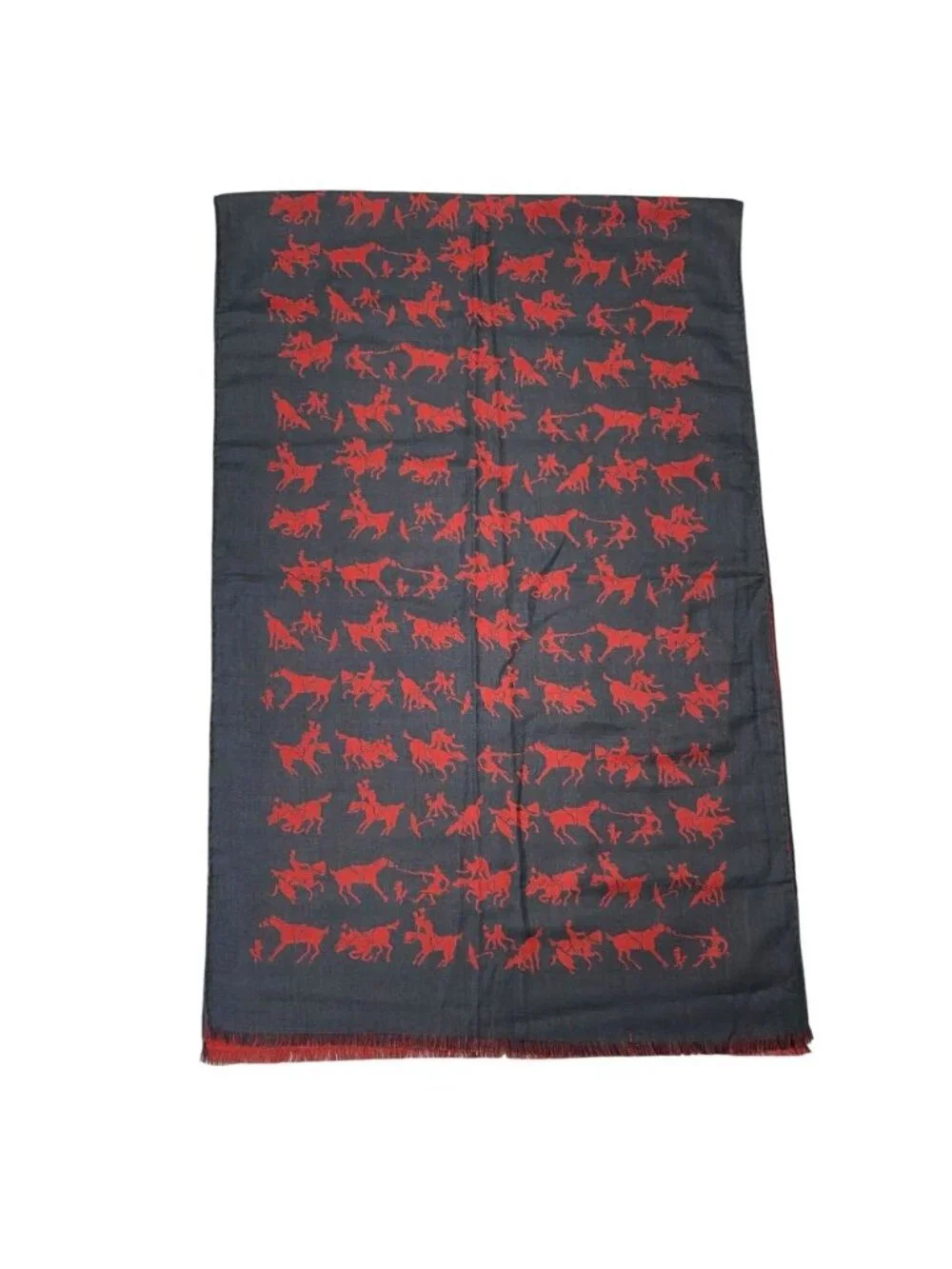 Hermes Reversible Shawl Scarf Horse Pattern Silk Cashmere Red Black Fine Daily